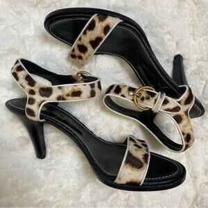 Yves Saint Laurent Ponyhair Animal Print Kitten Heel Sandals
Size 38.5 Leopard